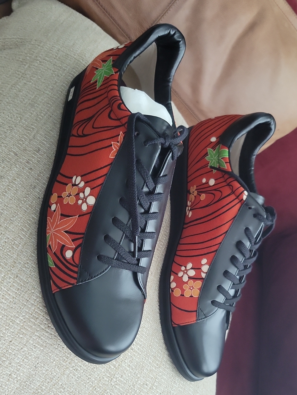 Tokyo Kimono Men's Red Floral Silk Kimono Lace-Up Sneakers with Black LeatheTrim